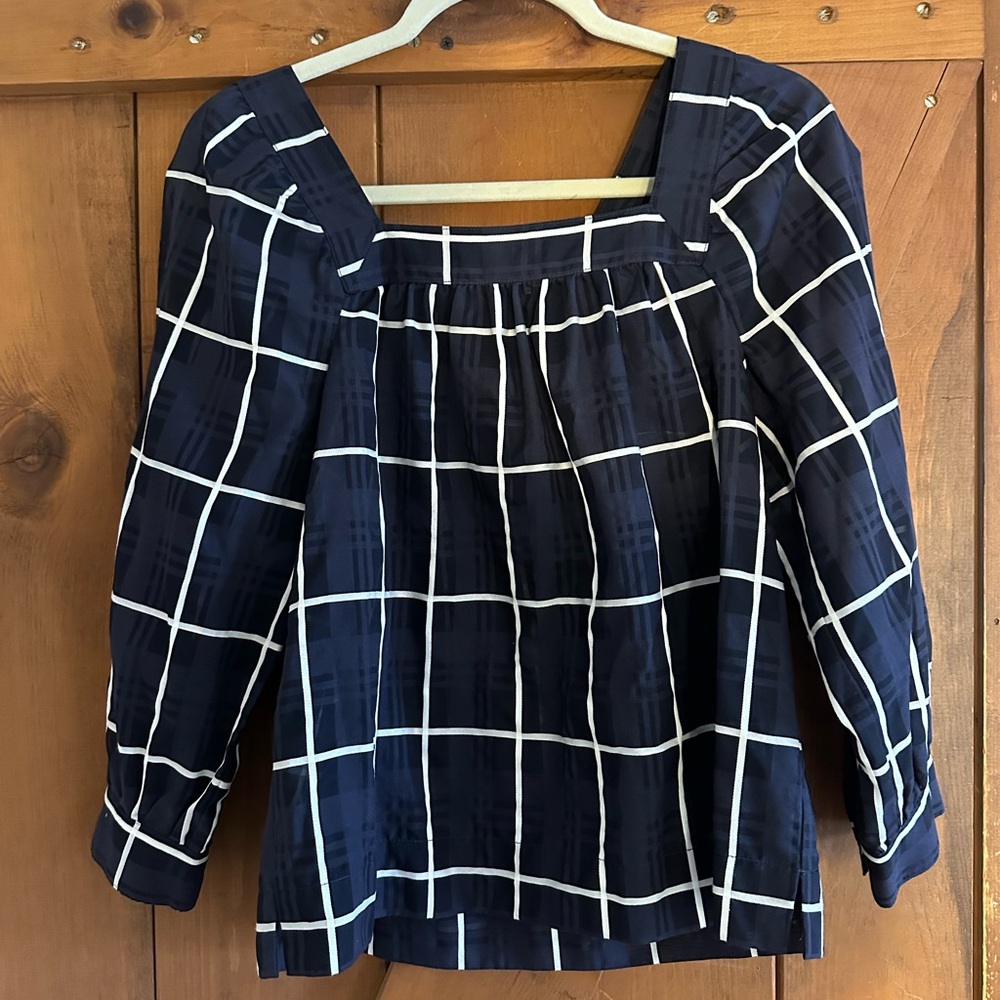 NWOT J. Crew Navy and White Window Pane Blouse Sz 2